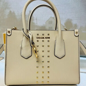 Michael Kors Maple Studded Satchel Crossbody Bag Cream Leather Gold Hardware NWT